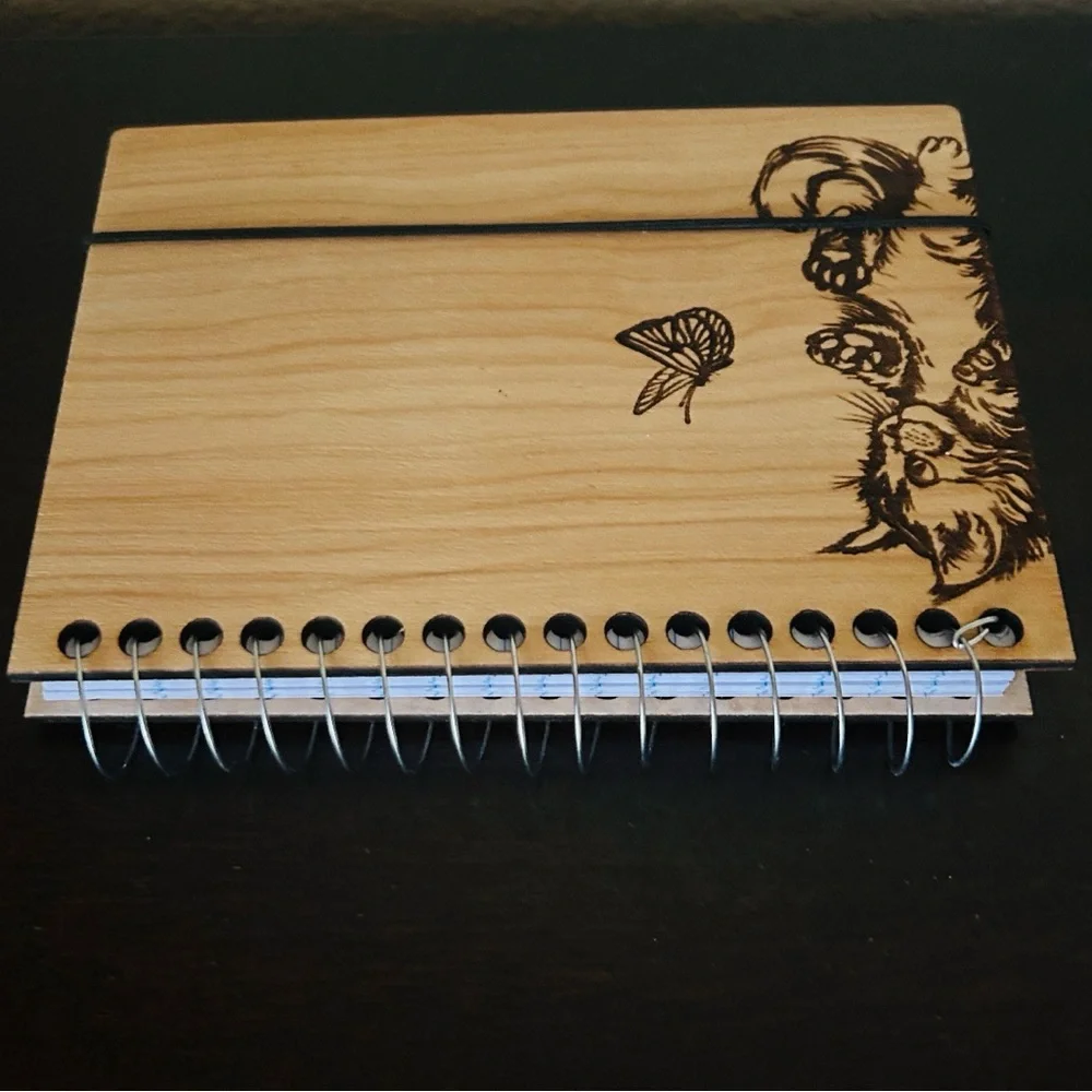 🦋 Kitten & Butterfly Wooden Artisan Handmade Notebook NWT